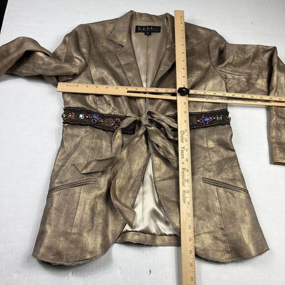 Nicole Miller Collection Linen Tie Front Blazer Metallic Gold Jacket Size 10 - Picture 5 of 11